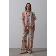 Livizmir Moda Baskılı Kısa Kol Pantolon Takım - Taş-Oranj