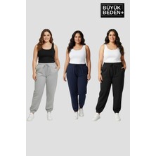 Superlife Kadın Büyük Beden Üçlü Jogger Paça Lastikli Ince Eşofman Altı Seti SPR26BEA951+3