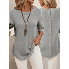 Livizmir Moda Kadın Uzun Kollu Yuvarlak Yaka Arkadan Düğmeli Waffle Bluz