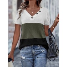 Livizmir Moda Kadın Kısa Kollu V Yakalı Düğmeli Waffle Bluz