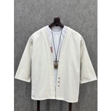 Oversman Oversize Fakir Kol Pamuklu El Işi Detaylı Kırık Beyaz Kimono