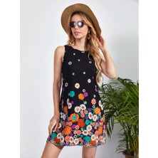 Livizmir Moda Kadın Sıfır Kollu Bisiklet Yaka Çiçek Desenli Süprem Mini Elbise