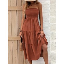 Livizmir Moda Kadın Straplez Göğüsten Lastikli Kloş Aerobin Uzun Elbise