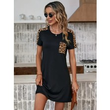 Livizmir Moda Kadın Kısa Kollu Yuvarlak Yaka Cepli Leopar Desen Detaylı Viskon Elbise