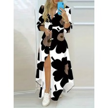 Livizmir Moda Kadın Yakalı Önden Düğmeli Çiçek Desenli Uzun Süprem Elbise
