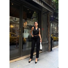 Livizmir Moda Keten Duble Paça Deri Taba Kemerli Pantolon - Siyah