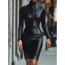 Livizmir Moda Kadın Uzun Kollu Yakalı Fermuarlı Mini Deri Elbise