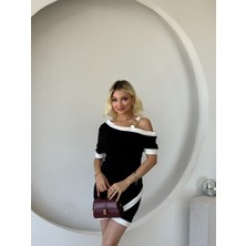 Livizmir Moda Kadın Kısa Kollu Asimetrik Kesim Yaka Şerit ve Aksesuar Detaylı Modal Elbise