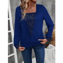 Livizmir Moda Kadın Uzun Kollu V Yakalı Içi Süprem Desenli Dışı Viskon Bluz