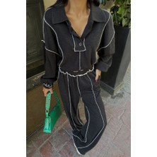 Livizmir Moda Biyeli Bluz Pantolon Takım Şönil Kumaş - Siyah