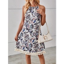 Livizmir Moda Kadın Halter Yaka Eteği Püsküllü Boyundan Bağlamalı Çiçek Desen Süprem Elbise