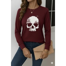 Livizmir Moda Kadın Uzun Kollu Bisiklet Yaka Kurukafa Desenli Viskon Bluz