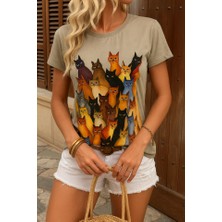 Livizmir Moda Kadın Kısa Kollu Bisiklet Yaka Kedi Desenli Süprem Bluz