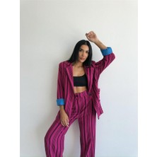 Livizmir Moda Ottoman Çizgili Ceket-Pantolon Tk - Fuşya
