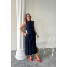 Livizmir Moda Keten Kolsuz Bluz - Maxi Etek Takım - Lacivert