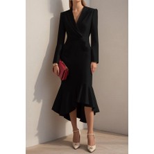 Livizmir Moda Kadın Uzun Kollu Yakalı Belden Oturtmalı Midi Ithal Krep Elbise