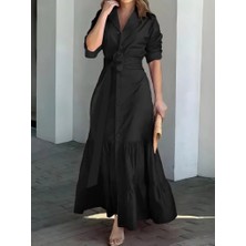 Livizmir Moda Kadın Uzun Kollu Eteği Fırfırlı Beli Kuşaklı Trikoton Tam Boy Gömlek Elbise