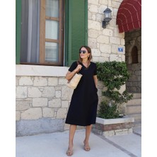 Livizmir Moda Kadın Kısa Kollu V Yaka Cepli A Kesim Detaylı Viskon Elbise