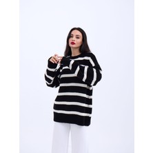 Livizmir Moda 43111 Triko Çizgili Salaş Kazak-Siyah-Ekru