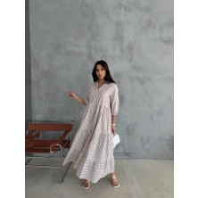 Livizmir Moda Çizgili Keten Hakim Yaka Düğmeli Salaş Elbise - Kahverengi