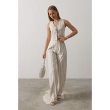 Livizmir Moda Çizgili Yelek Takım - Beyaz-Taş