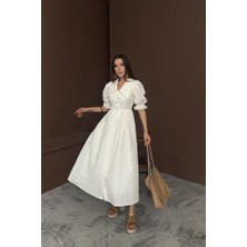 Livizmir Moda Bej Bebe Yaka Balon Kollu Brode Elbise