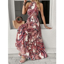 Livizmir Moda Kadın Halter Yakalı Omuzlardan Açık Kuşaklı Maksi Boy Desenli Süprem Elbise