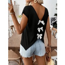 Livizmir Moda Kadın Kısa Kollu V Yakalı Arkadan Kurdele Detaylı Viskon Bluz