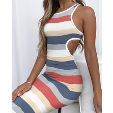 Livizmir Moda Kadın Kolsuz Bel Dekolte Detay Şerit Desenli Pegasus Kumaş Elbise