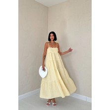 Livizmir Moda Sarı Askılı Parçalı Çizgili Müslin Elbise