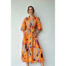Livizmir Moda Oranj Çiçek Desenli Kemerli Elbise