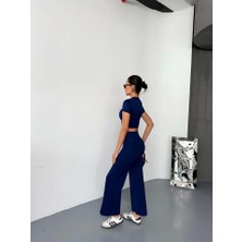 Livizmir Moda Osy Modal Yumuşak Dokulu Kumaş Kısa Kollu Crop Alt Ispanyol Paça Pantalon Ikili Takım - Lacivert