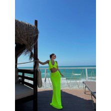 Livizmir Moda Kadın Mayo Kumaş Bağlamalı Crop ve Maxi Boy Etek Ikili Takım