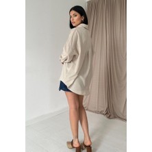 Livizmir Moda Bej Boyamalı Keten Baskılı Taşlı Gömlek