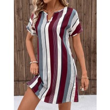 Livizmir Moda Kadın Kısa Kollu V Yakalı Çizgi Baskılı Süprem Elbise