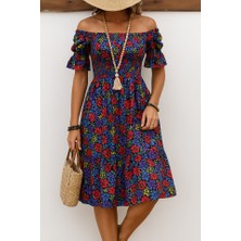 Livizmir Moda Kadın Kısa Kollu Kare Yakalı Beli Lastikli Çiçek Desenli Mini Süprem Elbise