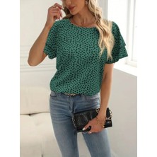 Livizmir Moda Kadın Kısa Kollu Kolları Volanlı Baskılı Süprem Bluz