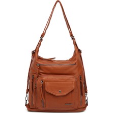 Hüvendo Barcelona Çok Cepli Günlük  Ayarlanabilir Askılı Büyük Boy Kadın Omuz ve Sırt Çantası Taba