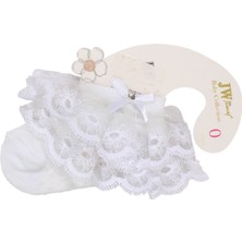 Bebegen Kız Bebek Beyaz Tüllü Dantelli Taşlı Fiyonklu Çorap 0-6 Ay