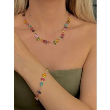 Youes Jewelry 316L Gold Gema Kolye ve Bileklik Seti Zirkon Renkli Taşlı Kolye ve Bileklik Kutulu Gönderim Yapılır