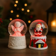 Home Dekor Hediye Ev Dekoru Yeni Yıl Huzuru Işıklı Santa Melek Figürlü ve Noel Baba Temalı Kar Küresi 2'li Seti 6.5 cm