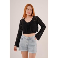 Livizmir Moda Ön Bağlamalı Ajurlu Crop Siyah Hırka