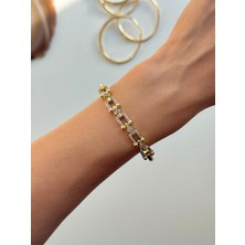 Youes Jewelry 316L Çelik Vıp Seri 14K Altın Renk Minimal Taşlı Kelepçe Bilezik Kadın Erkek Unisex Bileklik