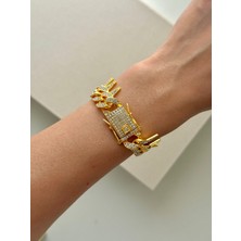 Youes Jewelry Gurmet Bileklik 14 K Altın Kaplama Kalın Zincir Bileklik Kilit Kuyumcu Model