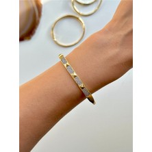 Youes Jewelry 316L Çelik Vıp Seri 14K Altın Renk Minimal Taşlı Kelepçe Bilezik Kadın Erkek Unisex Bileklik