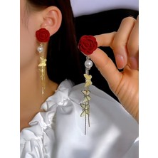 Alya's Aksesuar Altın Kaplama Zarif Incili ve Kelebekli Kırmızı Kadife Çiçek Küpeler