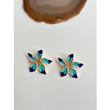 Youes Jewelry Çelik Çiçek Desenli Mavi Renkli Kadın Küpe