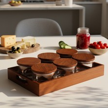 Snippy Paella - 6'lı Ahşap Vakumlu Kapaklı Tepsili Velo Cam Kahvaltılık Cam Çerezlik 245 ml