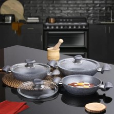 Oms Bio Granit 6 Parça Kapaklı Sahan Seti Gri | Yapışmaz Biogranit | 18-20-22 cm