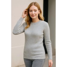 Rawea Fashion Kadın Bisiklet Yuvarlak Yaka Triko Kazak Pamuklu Kalın Fitilli Dokuma, Regular Fit Uzun Kollu Kışlık Model - Gri